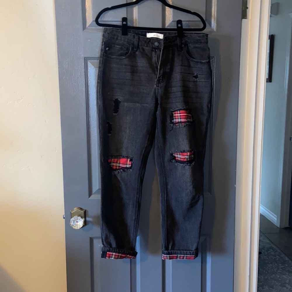 Kancan black distressed denim with plaid detail